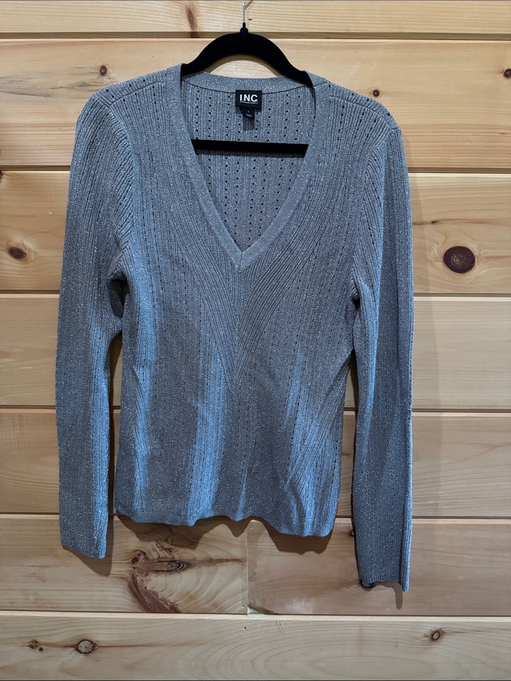 INC International Concepts Silver-Grey V-Neck Ribbed Sweater